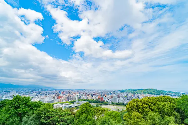 Geniş şehir manzarası, berrak ve canlı bir gökyüzü altında. Ağaçların yemyeşil önplanı Geniş bir şehir.
