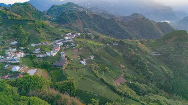 Bereketli tarım arazileri ve çay tarlalarıyla çevrili bir dağ köyünün havadan görünüşü..
