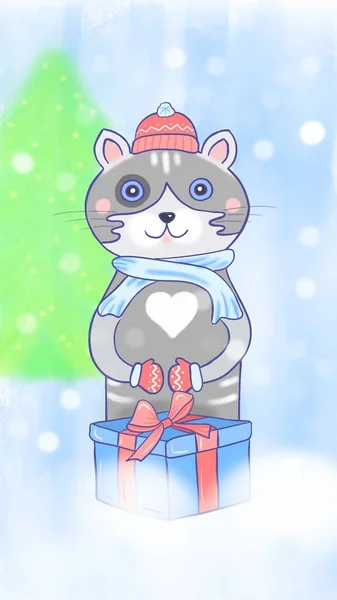 Christmas cartoon cat character. Hand drawn cute concept illustration. Cat on a Christmas winter background with a Christmas gift. Childrens illustration for postcard, packaging. Soft colors