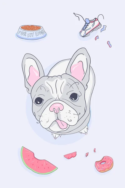 French Bulldog Cute Dog Hand Drawn Illustration Cartoon Character Funny —  Vetores de Stock
