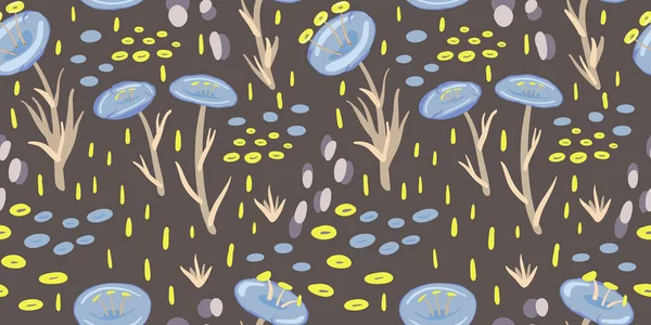 Zauberwald Nahtlose Muster Fantasie Florales Wiederholungsmuster Handgezeichnete Psychedelische Vektorillustration Pilze — Stockvektor