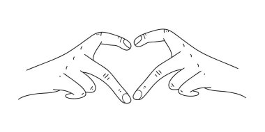 Eller havaya. Gibi. Ellerinle kalp hareketi yap. Gençlik tarzında. El hareketlerini severim. El çizimi illüstrasyon, çizgi sanatı, karalama. Vektör illüstrasyonu.