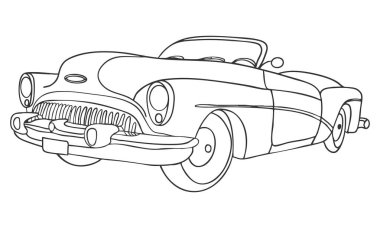 Retro araba, elle çizilmiş çizim. Pürüzsüz çizgileri olan klasik bir üstü açık araba. Çizgi sanatı retro arabası. Siyah beyaz taslak, basım ve boyama sayfaları için mükemmel. Tasarım projeleri için vektör grafiği