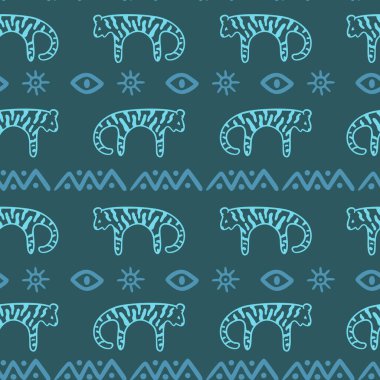 Kusursuz etnik, el yapımı kaplanlar, gözler, güneşler ve geometrik şekilli kabile desenleri. Esmer arka planda mavi halk sanatı tarzı. Tekstil, ambalaj kağıdı ve dekoratif tasarım için ideal.