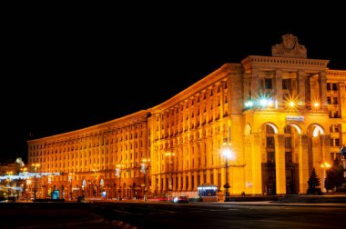 Kyiv, Ukraine - January 10, 2022: Night view of city center. View of Khreshchatyk Street in Kyiv, Ukraine. Main post office. Peaceful New Year's Kyiv.
