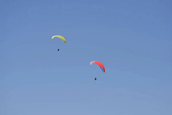 Dois Parapentes Voadores Céu Azul Sem Nuvens — Fotografia de Stock