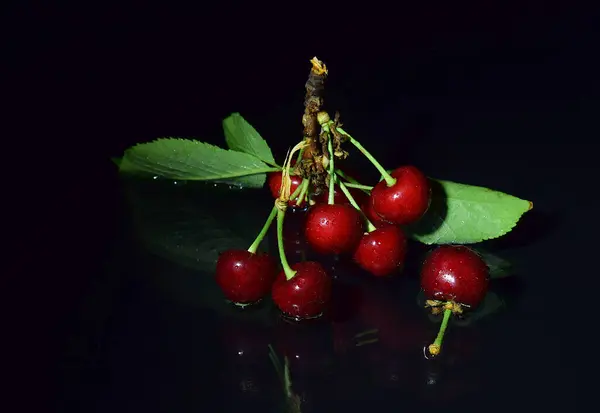 一种枝干 有一堆樱桃在一个装满水的黑色玻璃桌子上 — 图库照片