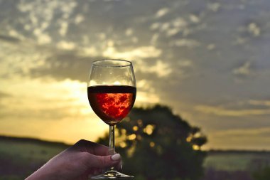 Batan güneşe karşı bir kadeh kırmızı şarap..