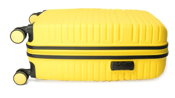stock image Yellow plastic suitcase isolated on white background.