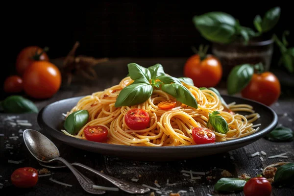 stock image A plate of spicy homemade pasta with cherry tomatoes, basil, created using generative AI