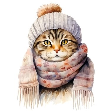Beyaz arka planda şapkalı ve eşarplı bir kedinin suluboya çizimi.
