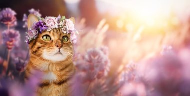 Lavanta tarlasında çiçek çelenginde Bengal kedisi. Güzel bir evcil kedi çiçeklerin arasında yürüyor..