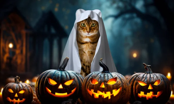 Cat dressed as a ghost at a Halloween party. Festive Halloween background.