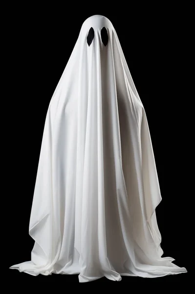 Ghost Kostym Gjord Ett Vitt Lakan Svart Bakgrund Halloweenfestkläder — Stockfoto