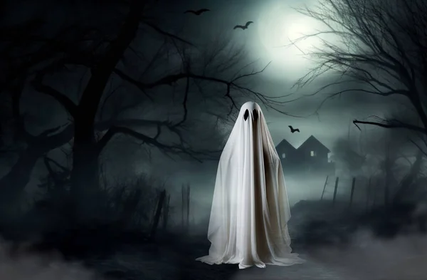 Ett Läskigt Spöke Som Gömmer Sig Skogen Vid Fullmåne Halloween — Stockfoto