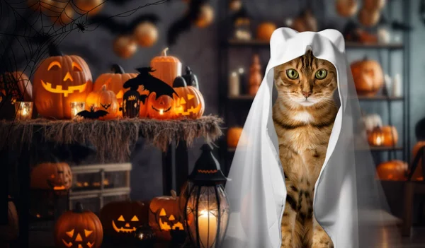 Katt Spökdräkt Mot Bakgrund Ett Rum Inrett För Halloween Semesterkort — Stockfoto
