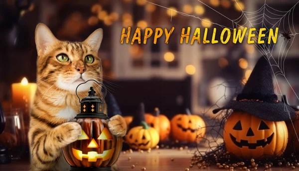 Red Cat Backdrop Room Decorated Halloween Holiday Card Congratulatory Inscription — Stock Photo, Image