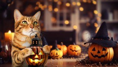 A red cat against the backdrop of a room decorated for Halloween. Holiday card. clipart