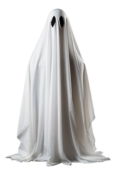 Ghost Kostuum Gemaakt Van Een Wit Laken Een Witte Achtergrond — Stockfoto