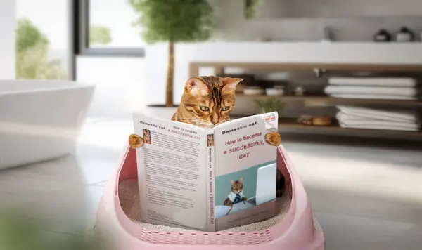 The cat is reading a book while sitting on the cat litter. Training a cat to use the litter box.