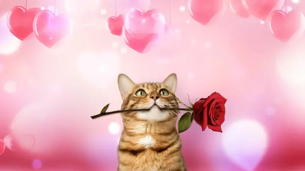 Charming Bengal cat with a rose in his teeth. A cat in love gives a flower for the holiday. Copy space.