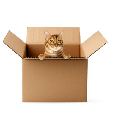 Karton kutuda oturan sevimli Bengal kedisi. Kedi beyaz arka planda kutunun dışına bakar..
