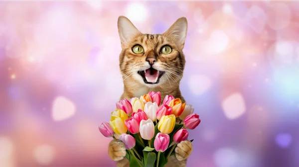 Happy cat with a bouquet of tulips for birthday, mothers day. Cat with flowers on a purple background. Copy space.