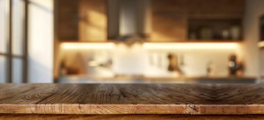 Kitchen countertop on a blurred background of a kitchen interior. To display a product or develop a key visual layout. To display or mount your products. Generative AI clipart