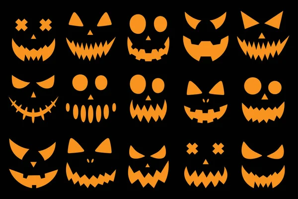 Grande Collezione Vettoriale Halloween Zucca Facce Isolate Sfondo Nero Progettazione — Vettoriale Stock