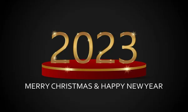 Різдвом Новим Роком 2023 Золоті Сяючі Числа Червоному Подіумі Освітленням — стоковий вектор