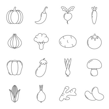 Sebze ikonları hazır. Organik beslenme lineer simgeleri. Düzenlenebilir vuruşlarla satır. Vektör