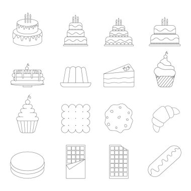Şekerlemenin doğrusal simgelerinin vektör kümesi. Beyaz arkaplanda pasta, pasta, kurabiye simgeleri