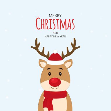 Mutlu Noeller ve şirin geyikli yeni yıl tebrik kartı. Kış mevsiminde bir çizgi film karakteri. Vektör illüstrasyonu