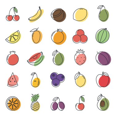 Doğrusal simgelerin büyük vektör kümesi. Beyaz arka planda farklı meyve simgeleri. Vektör