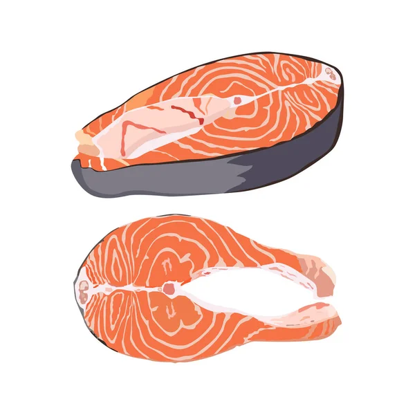 Set Bistecche Salmone Fresco Bistecca Pesce Sfondo Bianco Vettore — Vettoriale Stock