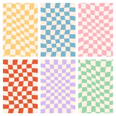 Havalı hippi 70 'lerin vektör geçmişi ayarlandı. Satranç tahtası kalıpları. Eski moda psikedelik tarzında çarpık ve çarpık vektör dokusu. Vektör