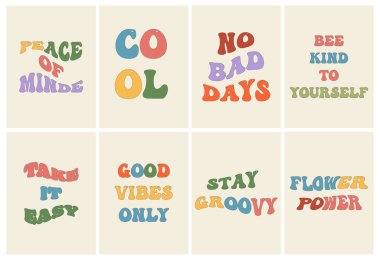 60 'lar, 70' ler tarzında ilham verici alıntılar. Moda hippi tarzında alıntılar. Posterler için tasarım, tişört çıkartması.
