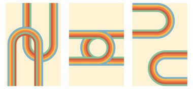 Soyut gökkuşağı posterleri. Geçmişe dönük 60 'lar, 70' ler modası geçmiş. Duvar dekorasyonu, sosyal medya, şablon, blog için tasarım