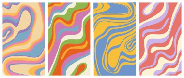 60 'lı, 70' li yılların modası geçmiş hippi posterleri. Dalgalı ve eğri büğrü vektör dokusuna sahip son moda dikey arka plan.