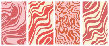 60 'lı, 70' li yılların modası geçmiş hippi posterleri. Dalgalı, soyut, dikey, modaya uygun, modaya uygun psikedelik tarzda çarpık ve çarpık vektör dokusu.