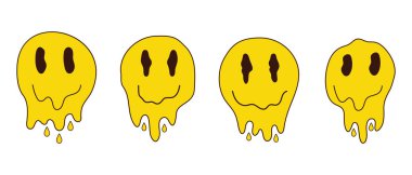 Bir dizi psikedelik tuhaf çizgi film yüzü. Erimiş gülümseyen suratlar çılgın asit tarzında. Çıkartmalar, kazaklar, tişörtler için tasarım. Vektör