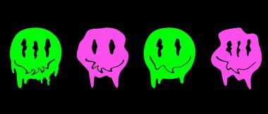 Bir dizi psikedelik tuhaf çizgi film yüzü. Erimiş gülümseyen suratlar çılgın asit tarzında. Çıkartmalar, kazaklar, tişörtler için tasarım. Vektör