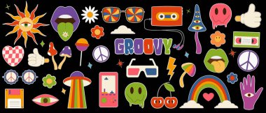 Big set of items 70s. Retro stickers in trendy 70s style. Vector icons: lips,video cassette,heart,daisy,flower, 3d glasses,lollipos,rainbow,smile face,mashrooms.Vector