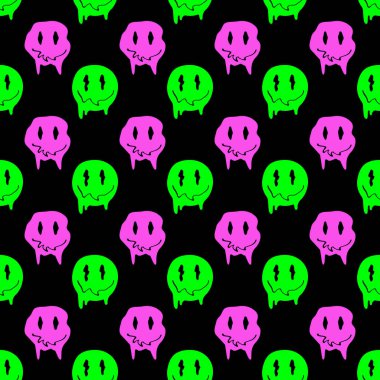 Psikedelik, tuhaf çizgi film suratlı, kusursuz vektör deseni. Erimiş gülen yüzler, çılgın asit tarzında. Çıkartmalar, kazaklar, tişörtler için tasarım. Vektör