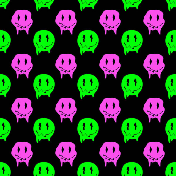 Vector seamless pattern with psychedelic quirky cartoon face.Melted smile faces in trippy acid rave style. Design for stickers, sweatshirts, t-shirts. Vector