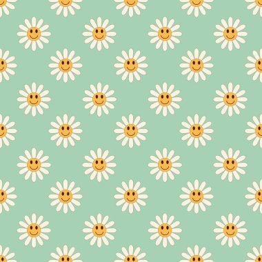 Çizgi filmdeki papatya çiçekleriyle mükemmel, pürüzsüz bir desen. 60 'larda, 70' lerde moda vektör arkaplanı. Vektör