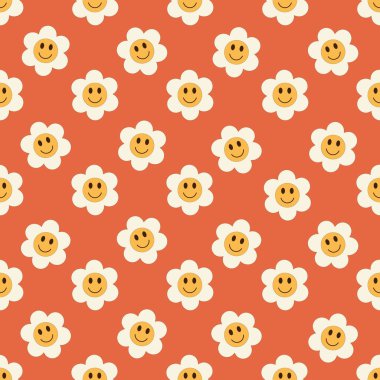 Çizgi filmdeki papatya çiçekleriyle mükemmel, pürüzsüz bir desen. 60 'larda, 70' lerde moda vektör arkaplanı. Vektör