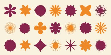 Big vector set of brutalist geometric shapes. Trendy abstract minimalist figures, stars, flowes, circles. Modern abstract graphic design elements.Vector illustration
