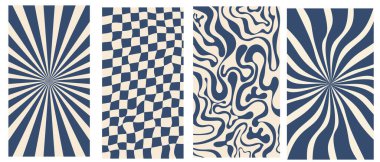 Groovy hippie 70s vector backgrounds set. Chessboard and twisted patterns. Backgrounds in trendy retro trippy style. Twisted and distorted vector texture in trendy retro psychedelic style.