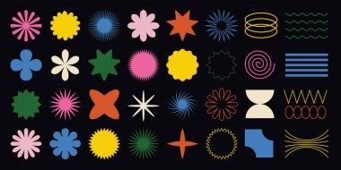 Big vector set of brutalist geometric shapes. Trendy abstract minimalist figures, stars, flowes, circles. Modern abstract graphic design elements.Vector illustration